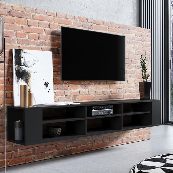 Selsey Weri - Lavagna Tv / Scaffale Tv A Parete Nero Con 6 Scomparti Aperti, Minimalista, Larghezza 175 Cm-image