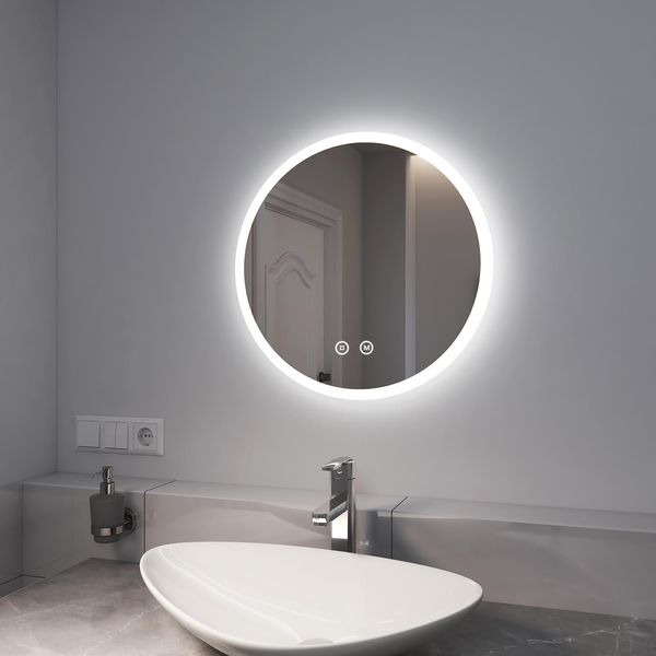 Emke Specchio Da Bagno A Led 50Cm Specchio Da Bagno Con Illuminazione 3 Luci Colore Specchio Da Bagno Specchio Da Parete Rotondo Con Interruttore A Sfioramento IP44 Risparmio Energetico Luce Regolabile-image