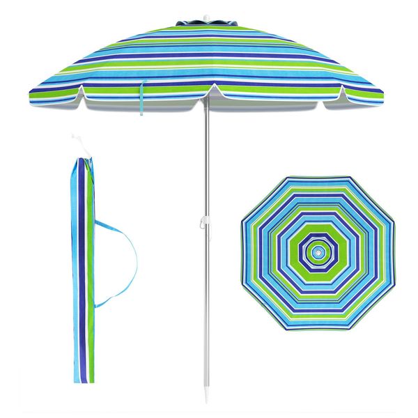 Costway Ombrellone Da Spiaggia 178Cm, Ombrellone Da Giardino Antivento Upf 50+, Pieghevole A 30°, Protezione Solare Con Picchetto Da Terra E Borsa Da Trasporto Verde-image