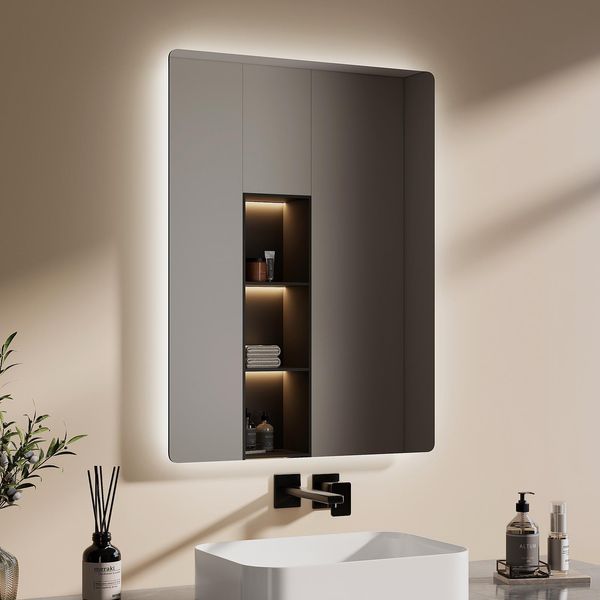 Emke Specchio Da Bagno A Led 80X60Cm Specchio Da Bagno Con Illuminazione Luce Bianca Fredda Specchio Da Parete Specchio Per Il Trucco IP44 Specchio Illuminato A Risparmio Energetico-image