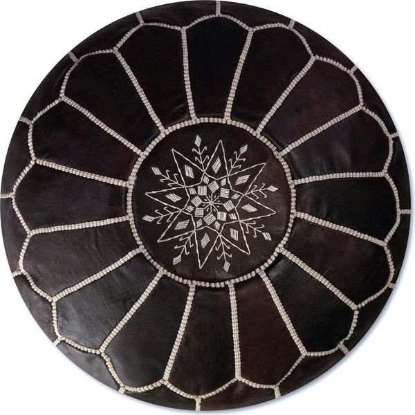 Pouf Marocchino In Vera Pelle - Marrone Scuro - Fatto A Mano - Consegnato Riempito - Pouf Ottomano A Sacco-image