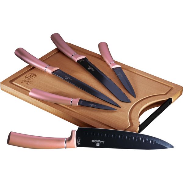 Berlinger Haus I-Rose Set Di 5 Coltelli Da Cucina Professionali, Lama In Acciaio Inox, Coltello Da Chef, Tagliere Rosa-image