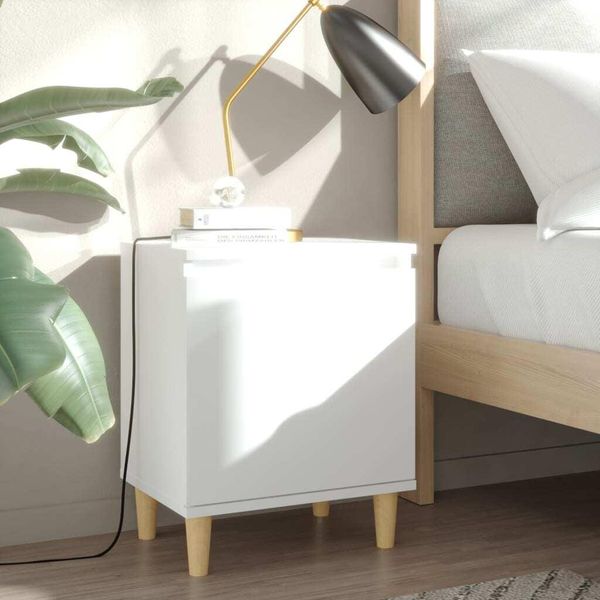 The Living Store Comodino Con Gambe In Legno Massiccio Bianco 40X30X50 Cm-image