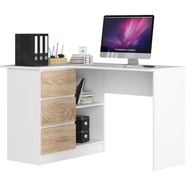Akord Scrivania Angolare 3 Cassetti Lato Sinistro Bianco/Sonoma 124X85X77 Cm-image