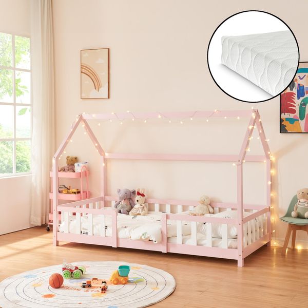 Letto Per Bambini 'Sisimiut' In Look Casa Con Materasso E Protezione Anticaduta In Legno Di Pino 90 X 200 Cm Rosa / Bianco-image