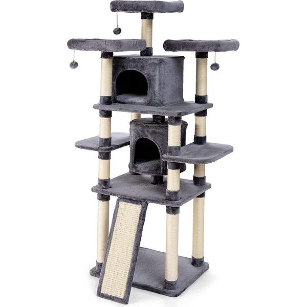 Costway 170Cm Tiragraffi Per Gatti Albero Di Arrampicata Per Gatti Albero Di Gioco Albero Di Graffiatura Mobili Tiragraffi Grotta Con Palle Da Gioco, 2 Grotte 60X50X170Cm-image