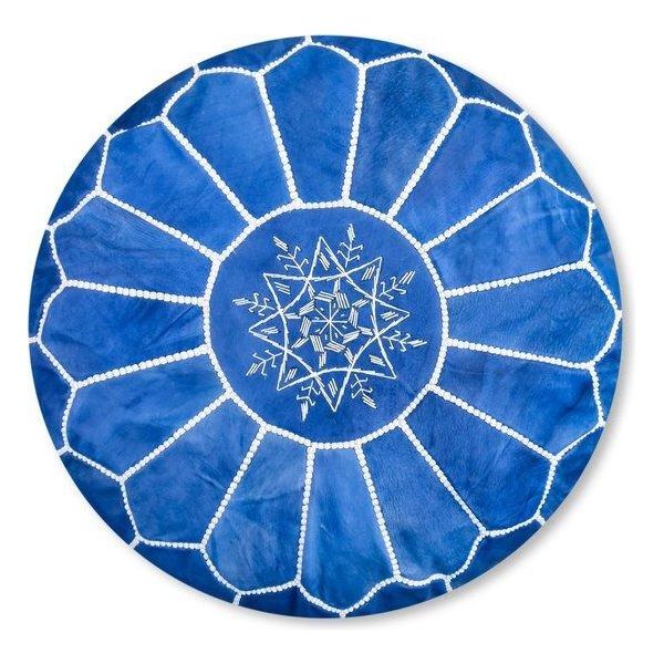 Pouf Marocchino In Vera Pelle - Blu Cielo - Fatto A Mano - Consegnato Riempito - Pouf Ottomano A Sacco-image