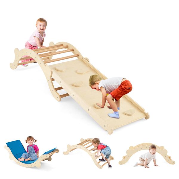 Costway 3 In 1 Arco Di Arrampicata Per Interni, Triangolo Di Arrampicata Con Cuscino E Scivolo Reversibile In Legno, Struttura Di Arrampicata Per Bambini Per Scivolare, Arrampicarsi E Dondolarsi 1 +Natura-image