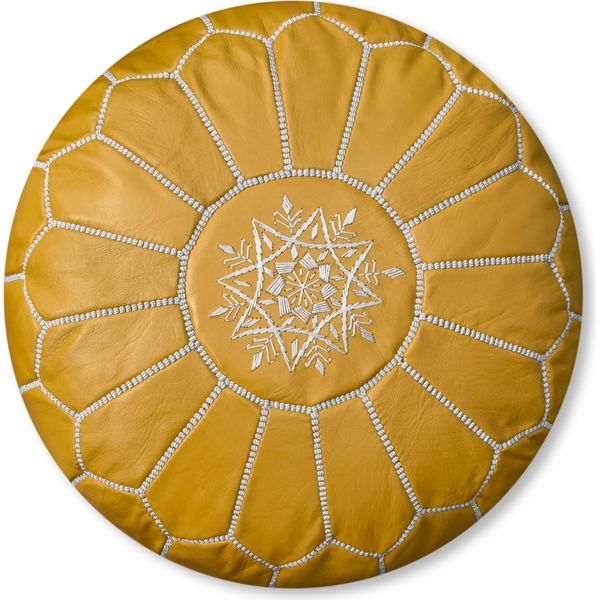 Pouf Marocchino In Vera Pelle - Giallo - Fatto A Mano - Consegnato Riempito - Pouf A Sacco Ottomano-image