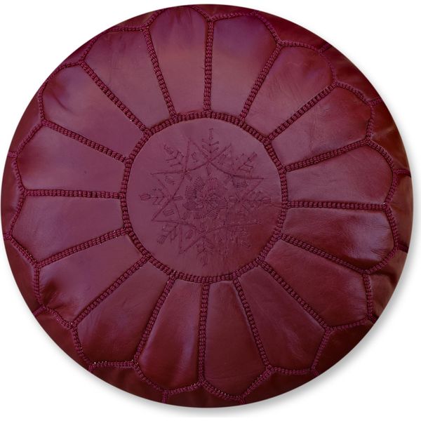 Pouf Marocchino In Vera Pelle - Tutto Bordeaux - Fatto A Mano - Consegnato Riempito - Pouf Ottomano A Sacco-image