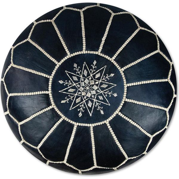 Pouf Marocchino In Vera Pelle - Blu Scuro - Fatto A Mano - Consegnato Riempito - Pouf Ottomano A Sacco-image