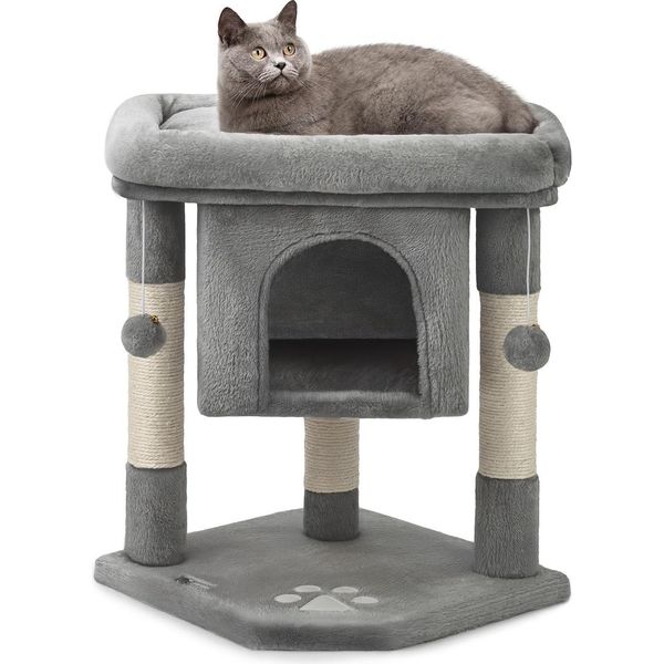 Tiragraffi Lionto Per Gatti 60 Cm, Con Grotta Di Coccole, Palline Di Peluche E Robusti Paletti In Sisal, Salvaspazio E Moderno, Grigio Scuro-image