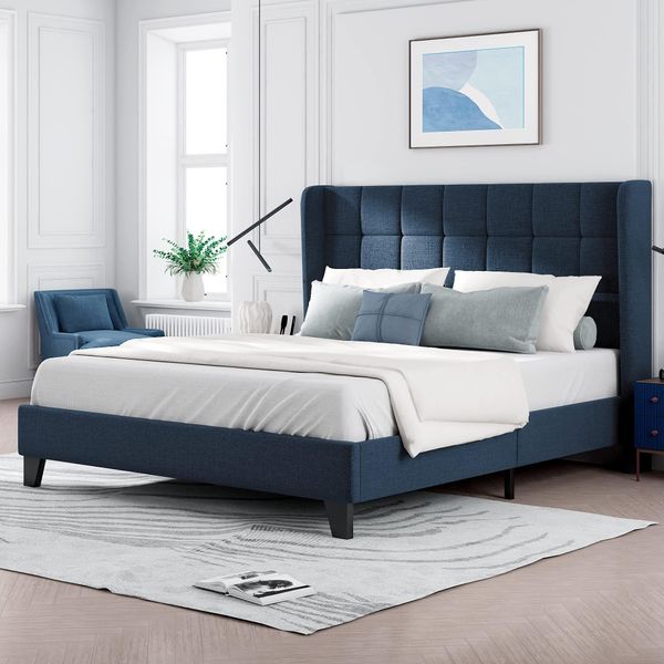Letto Imbottito Merax 140X200Cm Con Rete A Doghe E Testata Imbottita, Letto Matrimoniale Giovanile In Lino, Blu-image