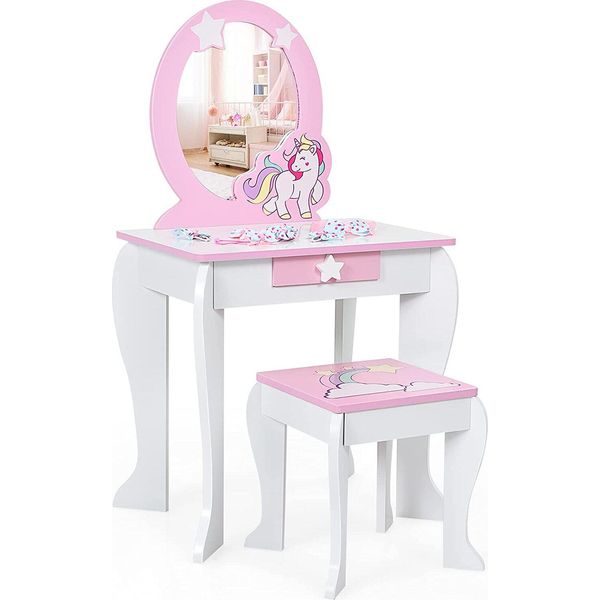 Costway Tavolino Da Toilette Per Bambini Con Sgabello, Tavolino Da Toilette Per Principesse Con Cassetto E Specchio Rimovibile, Tavolino Da Toilette Rosa, Tavolino Da Trucco Per Bambine Dai 3 Ai 7 Anni (Bianco)-image