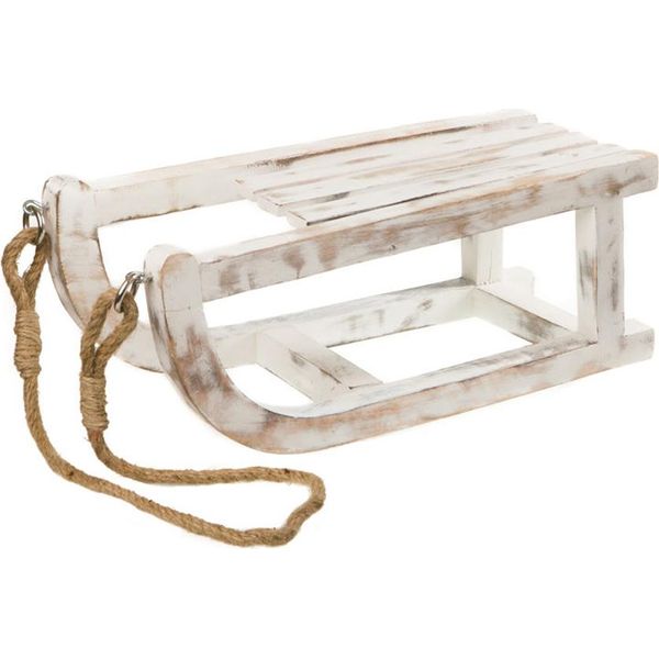 Slitta Decorativa 40 Cm In Bianco Shabby - Legno Di Mango Con Corda Di Sisal-image
