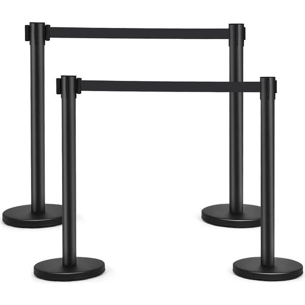 Costway Set Di 4 Barriere Per Il Controllo Della Folla, Paletti In Acciaio Inox Con Cintura Retrattile, Paletti Con Cintura Per Aperture Di Teatri E Fiere (Nero)-image