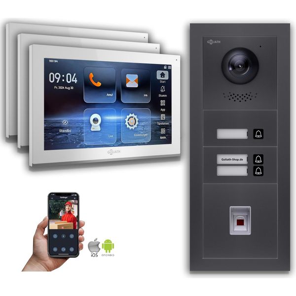 Videocitofono Ip Goliath: 10 Pollici Casa Trifamiliare, Impronta Digitale, Antracite : Scatola Da Incasso : 10 Pollici In Bianco : 4 Connessioni Poe Via:: 4 Poe Selezione Monitor: 10 Pollici In Bianco Scatola Di Montaggio Campanello: Scatola Da Incasso-image
