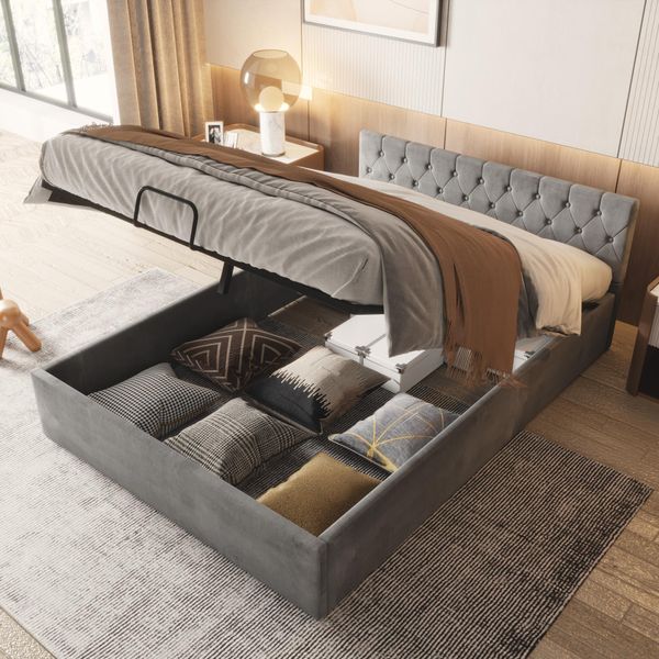 Letto Merax A Molle Idrauliche 140X200Cm Con Rete, Letto Imbottito In Velluto Con Rete A Doghe E Contenitore, Letto Contenitore Funzionale Letto Matrimoniale, Grigio-image