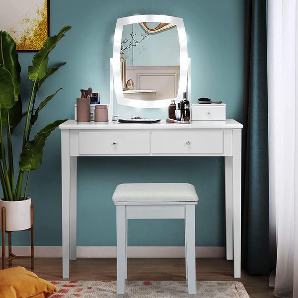 Tavolino Da Toilette Costway Con Sgabello, Specchio Girevole A 360° E 10 Lampadine Led Regolabili E Dimmerabili, Tavolino Da Toilette Con 4 Cassetti, Tavolino Cosmetico Con Tavolo E Piano Estraibile, Bianco-image