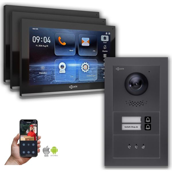 Videocitofono Ip Goliath: 10 Pollici 3 Monitor 2 Fam., Display, Antracite : 10 Pollici In Nero : Scatola Da Esterno : 4 Connessioni Poe Tramite:: 4 Poe Selezione Monitor: 10 Pollici In Nero Scatola Di Montaggio Per Campanelli: Scatola Da Esterno-image