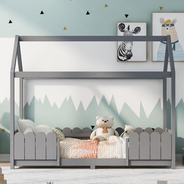Letto Per Bambini Flieks Letto Casa 90X200Cm Letto Per Bambini Con Protezione Anticaduta E Rete A Doghe, Letto Da Terra Letto In Legno Di Pino, Grigio-image