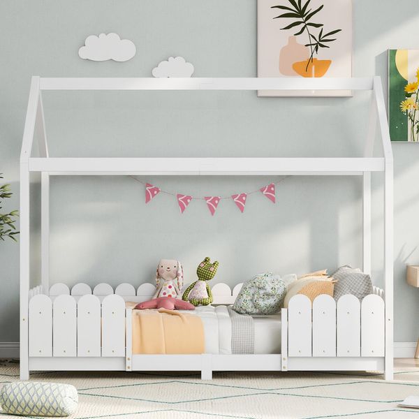Letto Per Bambini Flieks Letto Casa 90X200Cm Letto Per Bambini Con Protezione Anticaduta E Rete A Doghe, Letto A Terra Letto In Legno Di Pino, Bianco-image