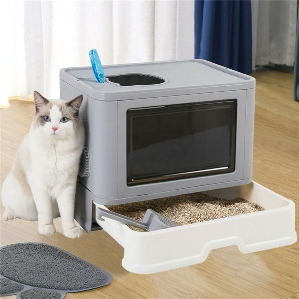 Wisfor Lettiera Per Gatti Con Ciotola Estraibile, Lettiera Per Gatti Con Paletta, Lettiera Con Cappuccio Con Pannello Massaggiante, Portatile Pieghevole A Due Ante-image