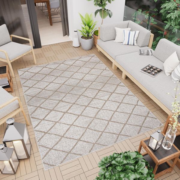 Tappeto Outdoor Indoor Beige Brown Check Balcone Terrazza Cucina Resistente Ai Raggi Uv 80 X 150 Cm-image