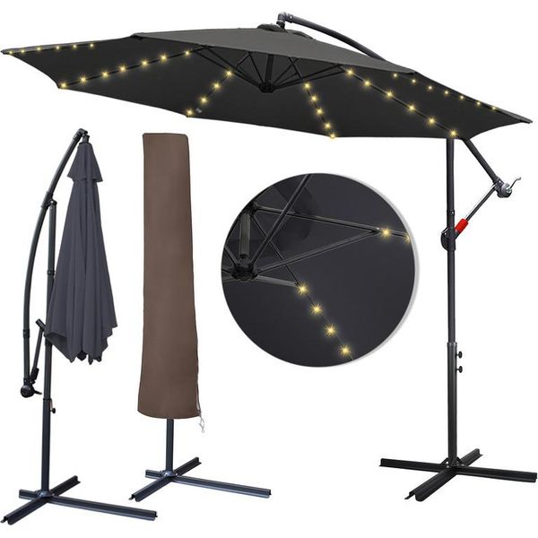Jopassy Ombrellone Da Giardino Da 3 M Con Led Solare E Copertura Protettiva Ombrellone A Braccio Laterale Gazebo Ombrellone Con Manovella In Alluminio, Grigio, 3 M-image