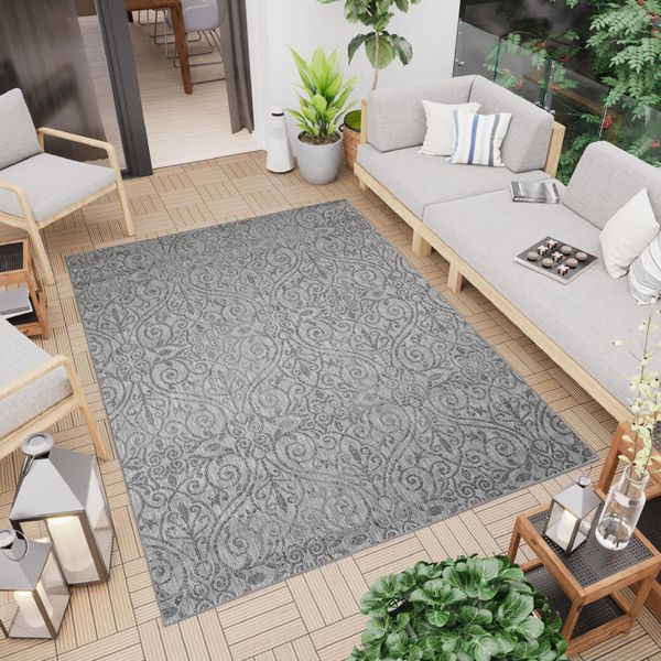 Tappeto Outdoor Indoor Grigio Floreale Balcone Terrazza Cucina Resistente Alle Intemperie Uv 80 X 150 Cm-image
