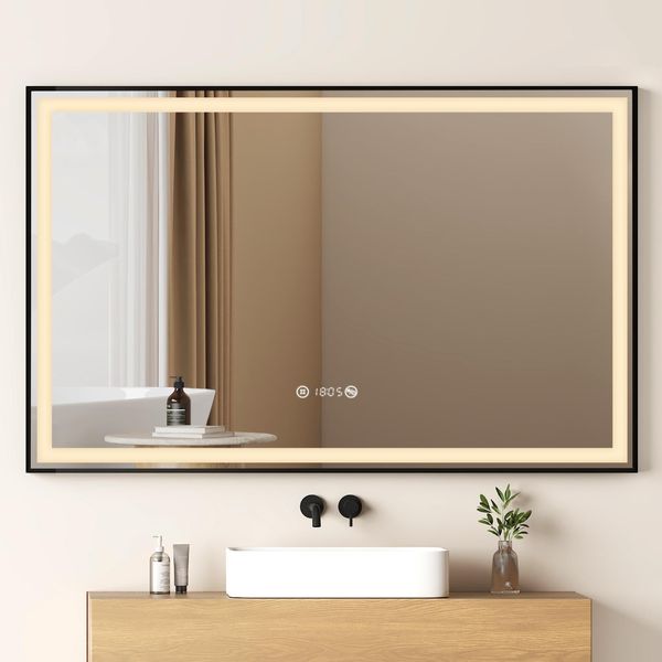 Emke Specchio Da Bagno A Led Con Cornice 120X70Cm Specchio Da Bagno Specchio Illuminato Specchio Da Parete Con Interruttore A Sfioramento, Antiappannamento E Orologio-image