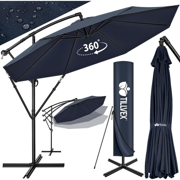 Tillvex Ombrellone Blu Navy Ø 300 Cm Ombrellone Pensile Da Giardino Ombrellone Da Mercato Ombrello A Manovella Balcone Alluminio Inclinabile-image