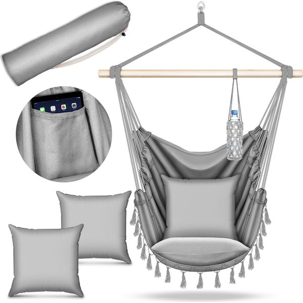 Tillvex Hanging Chair Grey 2 Cuscini Da Appendere | Hanging Chair Con Portabicchieri E Scomparto Per Libri | Hanging Seat Resistente Alle Intemperie - Indoor & Outdoor | Cestino Da Appendere Con Borsa Per Adulti E Bambini-image