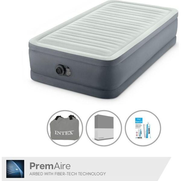 Intex Airbed - 1 Persona - 99 X 191 X 46 Cm - Grigio - Con Pompa Elettrica, Lenzuolo Antracite E Kit Di Riparazione-image