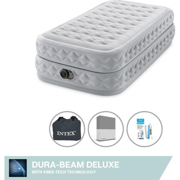 Intex Airbed - 1 Persona - 99 X 191 X 51 Cm - Grigio - Con Pompa Incorporata, Lenzuolo Antracite E Kit Di Riparazione-image