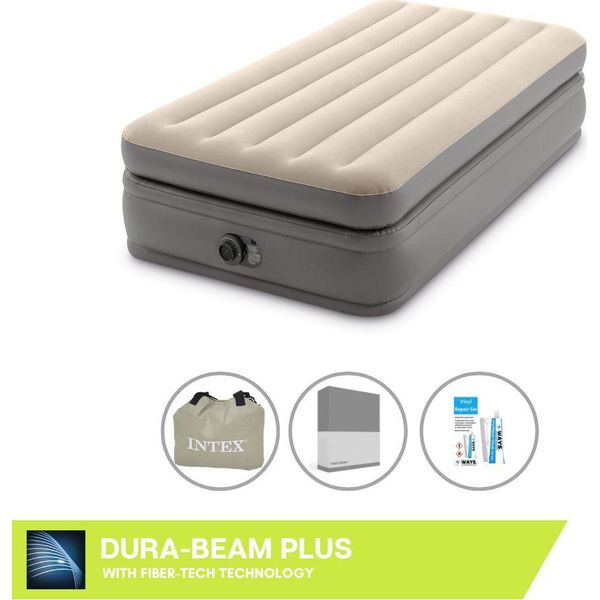 Intex Airbed - 1 Persona - 99 X 191 X 51 Cm - Grigio - Con Pompa Incorporata, Lenzuolo Antracite E Kit Di Riparazione-image
