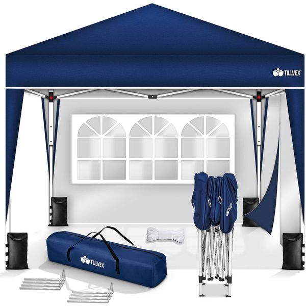 Tillvex Gazebo 3X3M Blu - Con 2 Pannelli Laterali Impermeabili | Gazebo Pieghevole Pop-Up Regolabile In Altezza | Tenda Da Giardino Protezione Uv 50+ | Tenda Da Festa Con Borsa Per Giardino-image