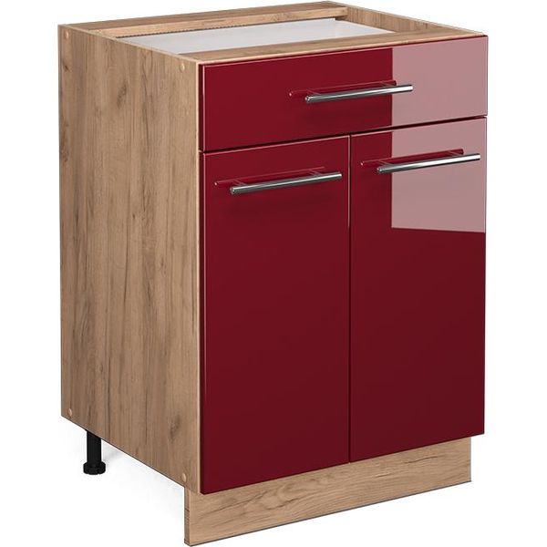 Vicco Mobiletto Base Per Cucina Fame-Line, 60 Cm Con Cassetto, Senza Piano Di Lavoro, Rosso Bordeaux Lucido/Quercia Dorata-image