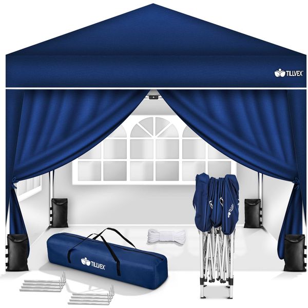 Gazebo Tillvex 3X3M Blu - Con 4 Pannelli Laterali Impermeabili | Gazebo Pieghevole Pop-Up Regolabile In Altezza | Tenda Da Giardino Protezione Uv 50+ | Tenda Da Festa Con Borsa Per Giardino-image