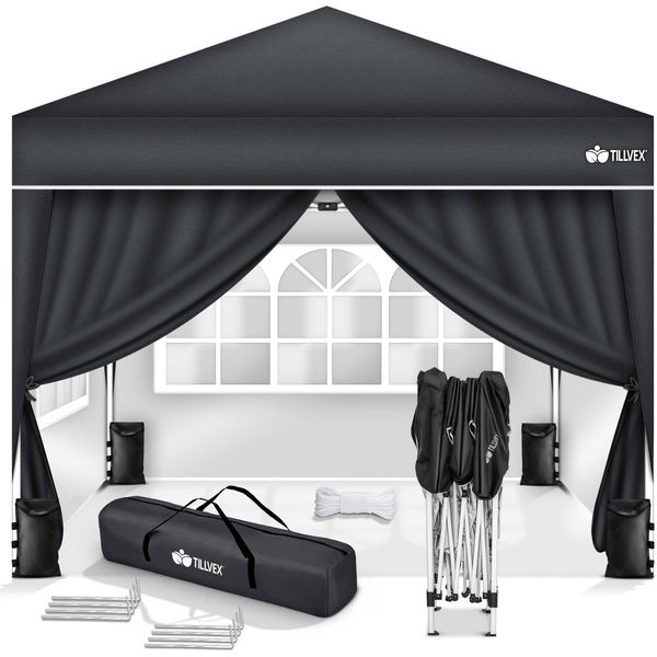 Gazebo Tillvex 3X3M Antracite - Con 4 Pannelli Laterali Impermeabili | Gazebo Pieghevole Pop-Up Regolabile In Altezza | Tenda Da Giardino Protezione Uv 50+ | Tenda Per Feste Con Borsa Per Giardino-image