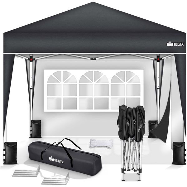 Gazebo Tillvex 3X3M Antracite - Con 2 Pannelli Laterali Impermeabili | Gazebo Pieghevole Pop-Up Regolabile In Altezza | Tenda Da Giardino Protezione Uv 50+ | Tenda Da Festa Con Borsa Per Giardino-image