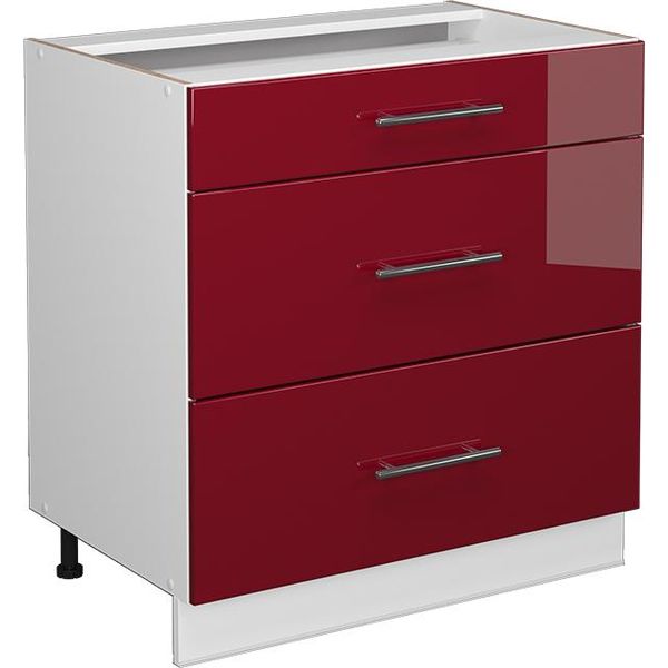 Vicco Mobiletto Base Per Cucina Fame-Line, 80 Cm Con 3 Cassetti, Senza Piano Di Lavoro, Rosso Bordeaux Lucido/Bianco-image
