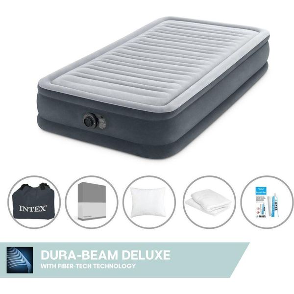 Intex Airbed - 1 Persona - 99 X 191 X 33 Cm - Grigio - Con Pompa Incorporata + Lenzuola Antracite + Cuscino + Federe Molton 2 In 1 + Set Di Riparazione-image