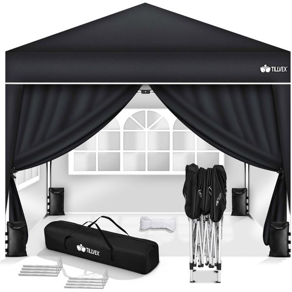 Gazebo Tillvex 3X3M Nero - Con 4 Pannelli Laterali Impermeabili | Gazebo Pieghevole Pop-Up Regolabile In Altezza | Tenda Da Giardino Protezione Uv 50+ | Tenda Da Festa Con Borsa Per Giardino-image