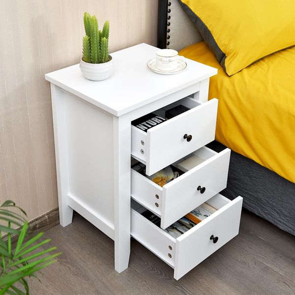 Costway Set Di 2 Comodini Con 3 Cassetti, Comodino Per Letto A Molle, Tavolino, Cassettiera Per Soggiorno Camera Da Letto, Bianco, 46 X 37 X 65 Cm-image