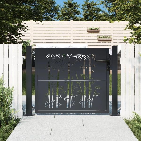 The Living Store Cancello Da Giardino Antracite 105X80 Cm In Acciaio Design Bambù-image