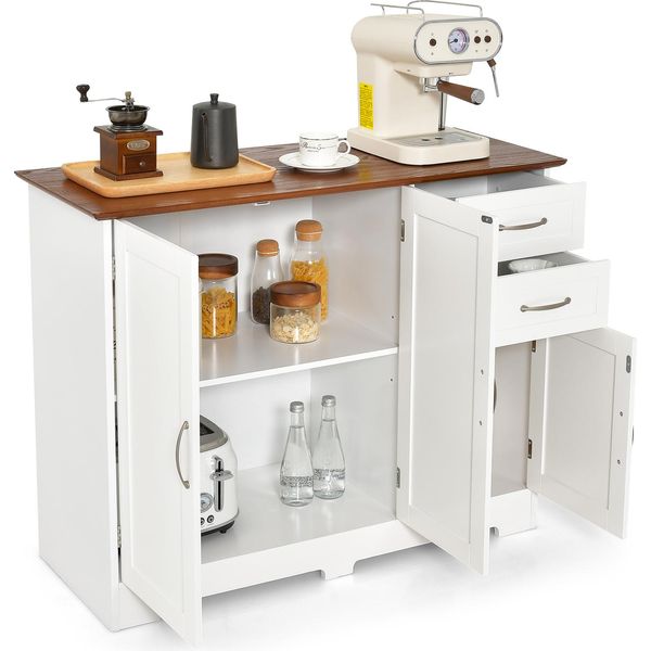 Costway Credenza Da Cucina Bianca, Isola Da Cucina Con Piano Di Lavoro 100×40Cm Mobile Buffet Con 3 Ante, 2 Cassetti E Ripiani Regolabili-image