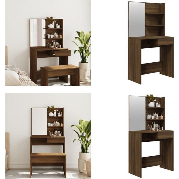 Vidaxl Tavolo Da Toilette Con Specchio In Rovere Marrone 74,5X40X141 Cm - Tavolo Da Toilette - Tavolo Da Trucco - Tavolo Da Cosmesi - Tavolo Da Toilette-image