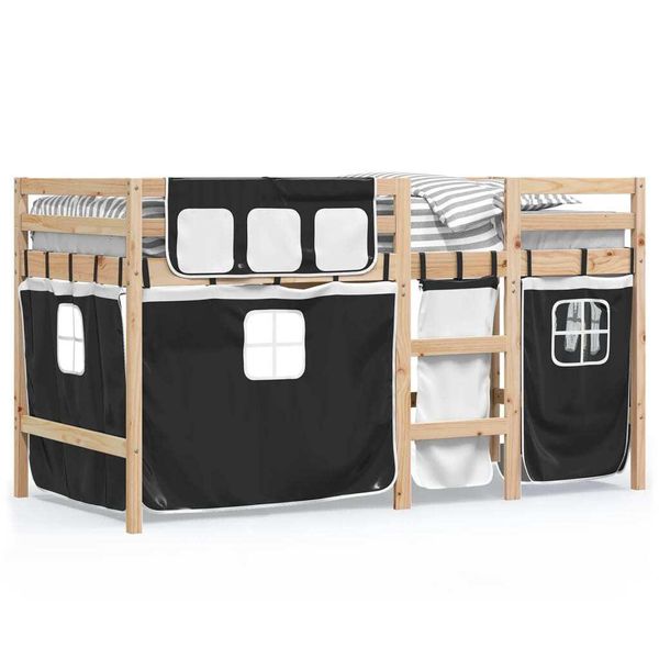 Vidaxl Letto A Soppalco Per Bambini Con Tende Bianco Nero 90X190 Cm In Legno Di Pino-image