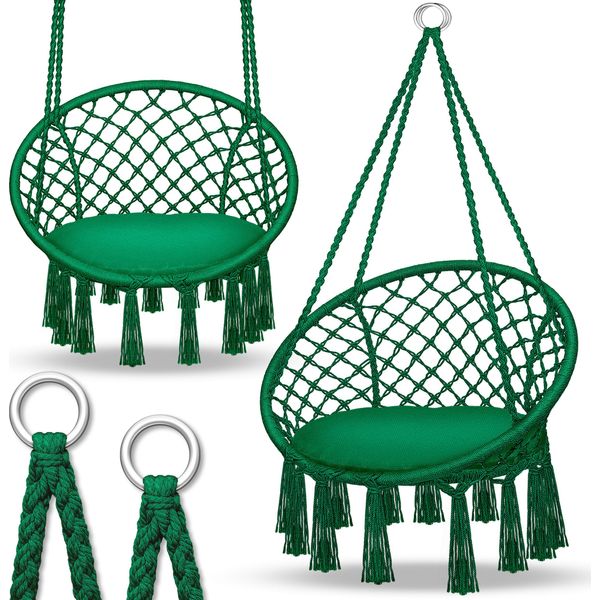 Tillvex Sedia Pensile Verde 200Kg Da Appendere | Sedia Pensile Per Interni Ed Esterni | Cesto Pensile Resistente Alle Intemperie | Cesto Oscillante Con Cuscino-image